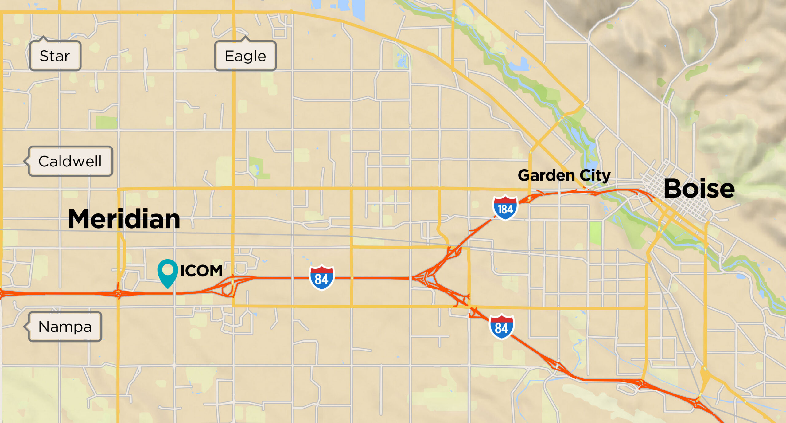 A map of Idaho's Treasure Valley, including Boise, Meridian, Garden City, and ICOM's campus. Pointing arrows show the direction to Star, Eagle, Caldwell, and Nampa. 