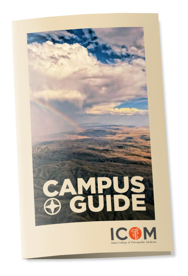 An image of a printed ICOM Campus Guide that folds up into a size small enough to carry in one’s pocket. 